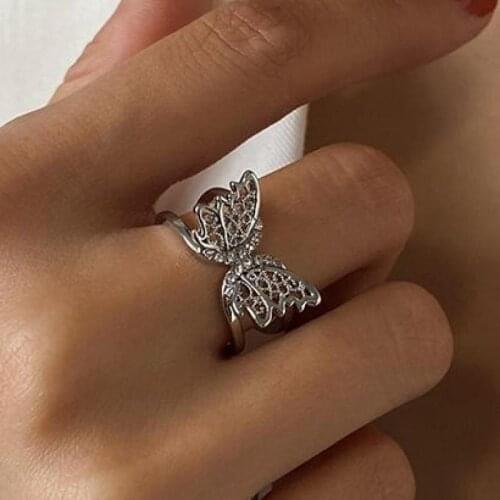 Vintage Hollow Butterfly Ring Rose Gold Silver Color Crystal Rings For Women New Jewelry Resizable Butterfly Ring Jewellery Anel