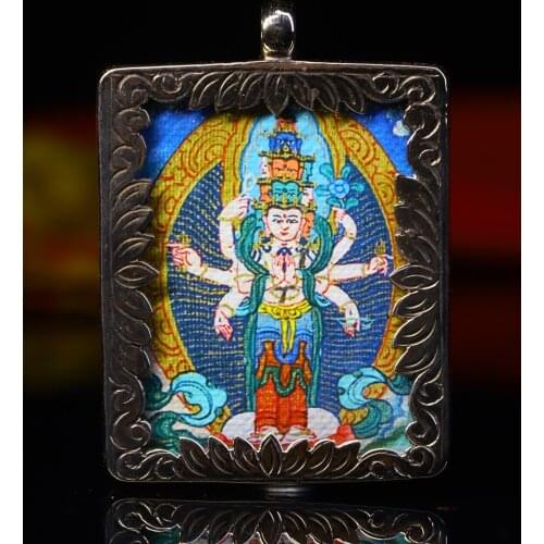2"Tibet temple Old Bronze Gilt silver Hand drawn thangka Thousand-Hand Guanyin Bodhisattva Statue Pendant amulet Town House