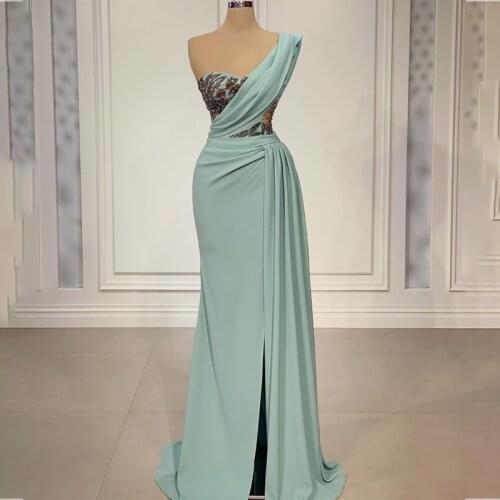 2021 One Shoulder Evening Dresses with High Side Split Beaded Sequins Mermaid Prom Dress Customize Women Formal Robes De Soirée