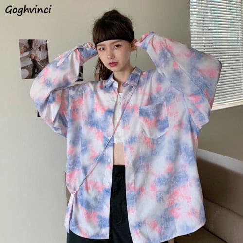 Women Blouses Tie-dye Print Shirts Long Sleeve Casual Summer Outwear Sun-proof Harajuku Vintage Students Streetwear Korean Loose