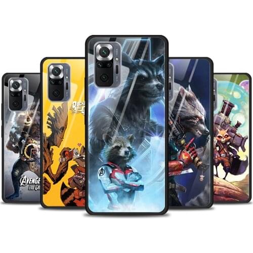 Rocket Racoon Marvel cute for Xiaomi Redmi Note 10 Pro Max 10S 9T 9S 9 8T 8 7 Pro 5G Luxury Tempered Glass Phone Case Cover