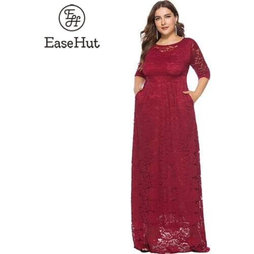 EaseHut Elegant Women Crochet Lace Maxi Long Dress O-neck 3/4 Sleeve Side Pocket Prom Party Dress White 6XL Plus Size Dresses