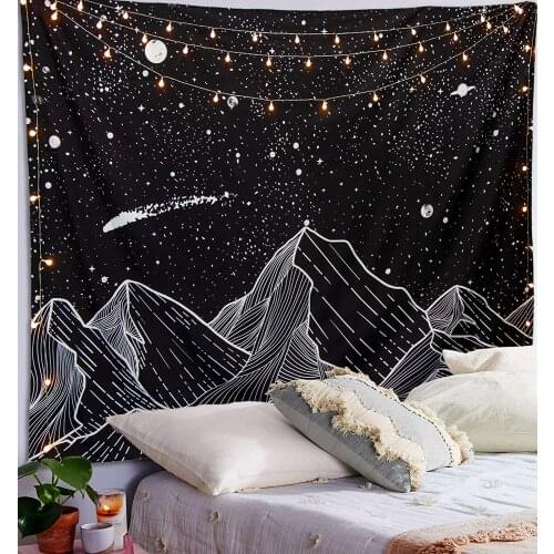Hawkalice Mountain Tapestry Moon Tapestry Wall Hanging Stars Black And White Art Tapestry Hippie For Livingroom Bedroom Decor