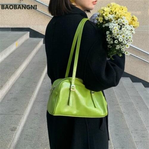 Fashion Green PU Leather Women Shoulder Bags Simple Design Solid Color Ladies Tote Handbags Vintage Black Female Underarm Bag
