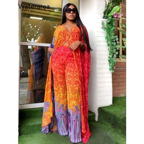 Waterarea Plus Size African Style Chiffon Women Tracksuit Batwing Robe and Pants Matching Two 2 Piece Set Street Beach Outfits