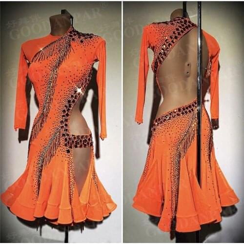 GOODANPAR spiral style Backless Latin Dance Dress Women with bodysuit bra cups Bead Tube Lycra Salsa Samba Competition Dress