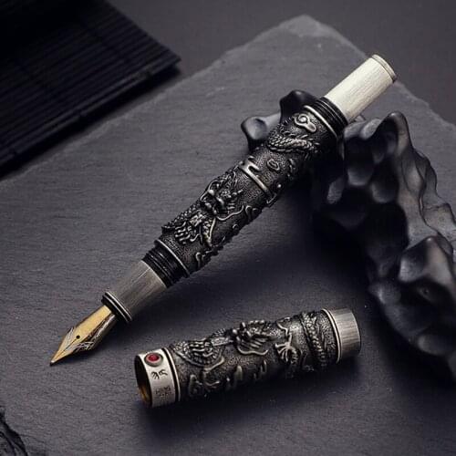 New Arrival Jinhao Fountain Pen Double Dragon Playing Pearl Gray Metal Carving Embossing Heavy Pen For Business Writing Pen