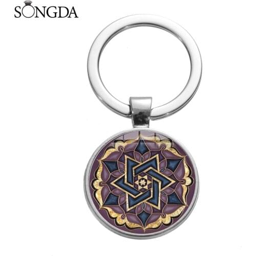 Hexagonal Star Geometry Art Pattern Charm Key Chain Crystal Glass Convex Pendant Key Ring Bag Ornament Hexagram Vintage Jewelry