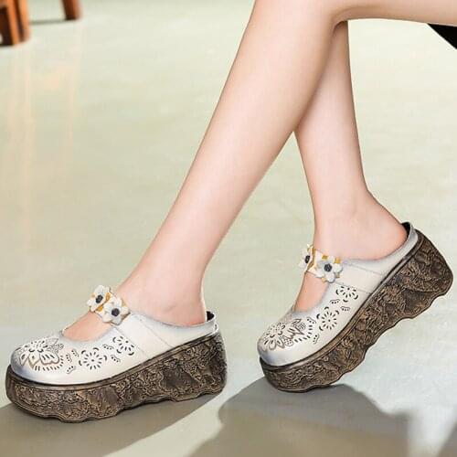 Original Retro Sandals Summer Genuine Leather Shoes 2021 Vintage Handmade Slides Flip Flop Platform Clogs for Women Wedges Shoes