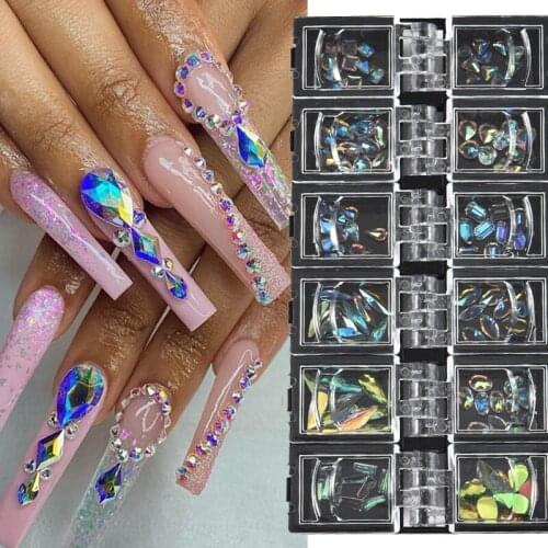 12 Grids/Set 3D Nail Rhinestones Mixed Size Crystals AB Flatback Diamond Nail Art Decorations DIY Tips Shiny Manicure Glass Gems
