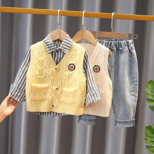 Fashion Autumn Spring Kids Infant Clothing Set Baby Boys Handsome 3-piece Knitting Vest +Striped Shirt +Jeans Girls Outfits