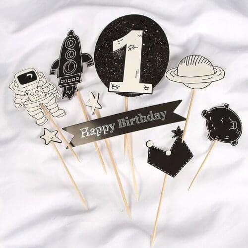 9Pcs/Set Astronaut Galaxy Happy Birthday Cake Topper 1st Birthdya Dessert Letter Decoration for Childrens Day Party Lovely Gift
