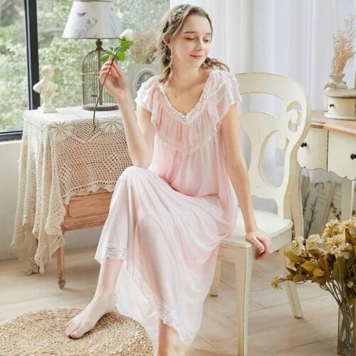 Women Sleepwear Lace Long Nightdress Vintage Princess Sleep Lounge Dress Light Pink Elegant Summer Modal Nightgowns Plus Size