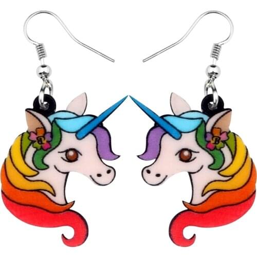Bonsny Acrylic Cute Rainbow Unicorn Head Earrings Drop Dangle Fashion Fairy Animal Jewelry For Women Girls Teens Gift Brincos