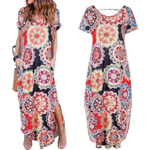Women Beach Dresses Womens Sexy Round Neck Floral Print Dress Casual Loose Dress Beach Cover Up