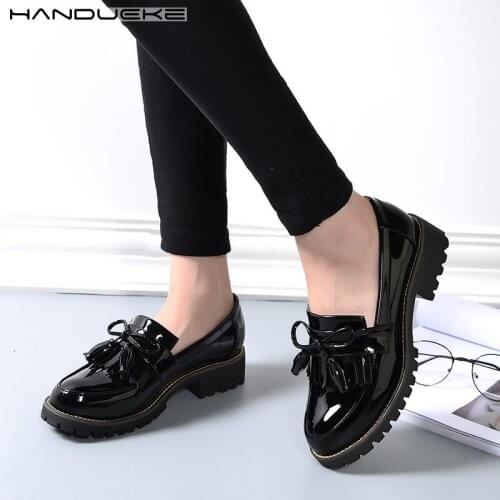 Plus Size 41 42 Oxford Shoes for Women Patent Leather Shoes Woman Bowknot Slip on Women Flats Tassels Ladies Leather Shoes