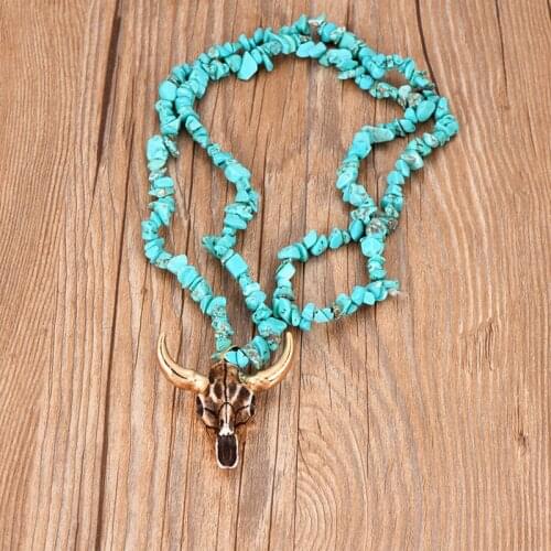 Ethnic Vintage Natural Stone Cow Head Pendant Necklace for Women Long Statement Color shell Crystal Blue Necklace for men Gift