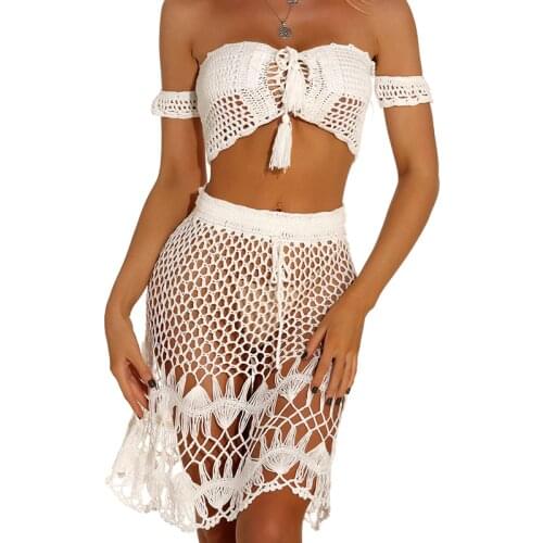 Off Shoulder Knitted Crochet Crop Top And Skirts Women 2 Piece Set Summer Bikini Beachwear Boho Lace Up Suit 2020