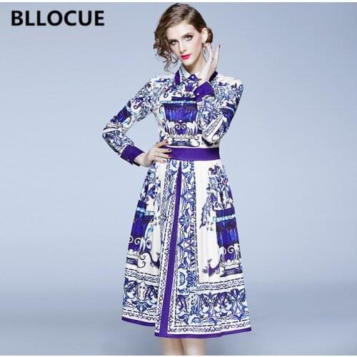 BLLOCUE Runway Designer Vintage Shirt Dress Autumn Womens Long Sleeve Blue Flower Print Single-breasted Elegant Midi Dress