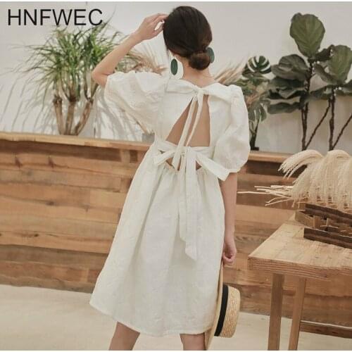Women Bow Bandage Backless Dress New Square Collar Half Puff Sleeve Loose Fit Fashion Tide Spring Autumn 2020 T424