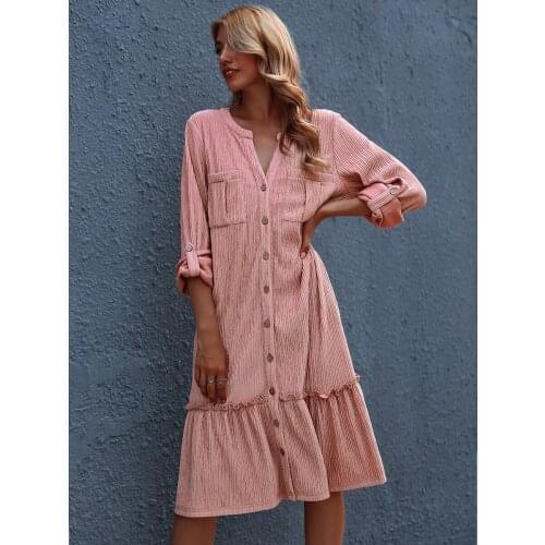 Women Robe Femme Spring Autumn Pink Pleated Dresses Single-Breasted Ruffles Pockets Long Sleeve Dress For Woman Vestido De Mujer