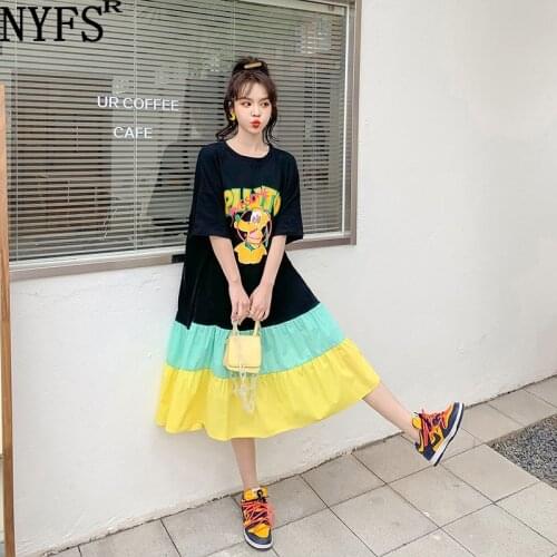 NYFS 2021 Korean New Loose Color Patchwork Big Hem Woman Dress Vestidos Robe Elbise Fat mm Fashion Summer Dress