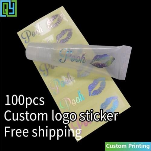 100 PCS 35*35 MM Custom Stickers Silver Holographic Gold Foil Stamping Metallic Transparent Logo Labels For Lipgloss packaging