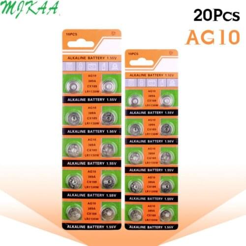 20PCS/pack AG10 LR54 Cell Coin Alkaline Battery 1.55V SR54 389 189 LR1130 SR1130 Button Batteries for Watch Toys Remote