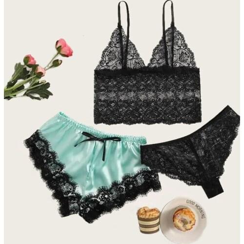 3pcs Sexy Lace Lingerie Silk Underwear Sleepwear Underwear Pajamas Satin Lingerie Sexy Bra Set Womens Sleepwear нижнее белье