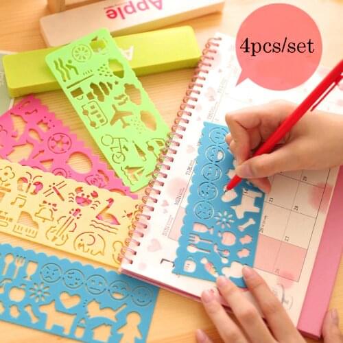 4pcs/Set Cartoon DIY Painting Set Ruler Creative Animal Aircraft Model Supplies For Kids Plastic Drawing Template Painting Ruler