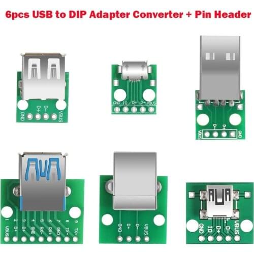 6pcs USB to DIP Adapter Converter Mini / Micro USB Female, 2.54mm 4p USB Male USB 2.0 3.0 Female USB Type B Square Interface
