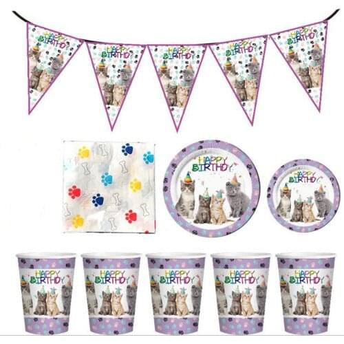 80pcs/lot Cat family Theme Kids Boys Favors Glass Plates Cups Glass Dishes Baby Shower Banner Napkins Bunting Tableware Set