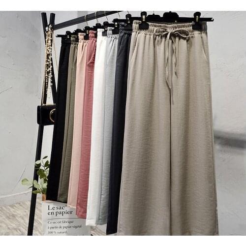 Women Cotton Linen Wide Leg Pants Elastic Waist Solid Color Soft Summer Lady Loose Pants Casual Soft Trousers