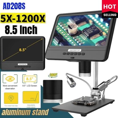 Andonstar AD208S 8.5 Inch LCD 5X-1200X Digital Microscope 1280*800 Adjustable 1080P Scope Soldering Tool with Two Fill Lights