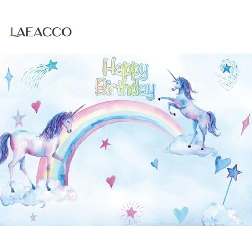 Laeacco Cartoon Unicorn Rainbow Baby Birthday Party Photography Backdrop Star Clouds Portrait Customized Background Photo Studio