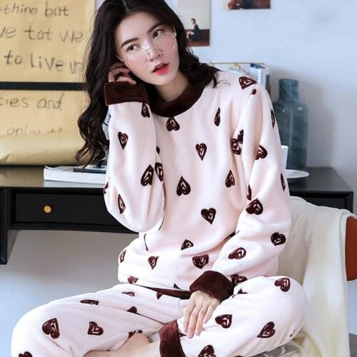 H5992 Cute Girl Pajamas Set Thick Flannel Long Sleeve Warm Sleepwear Women Korean Home Clothing Coral Velvet Winter Nightgown