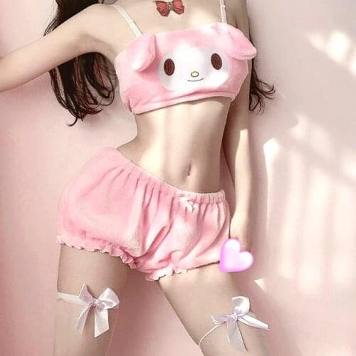 Anime Melody Kwaii Velvet Tube Top Panties Set Adorable Underwear Long Ear Doggy Cute Bra Bloomers Sexy Lingerie For Girls Women