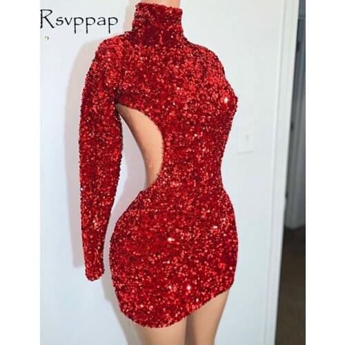 African Style Red Short Prom Dresses 2021 Designed Backless High-Neck With Long Sleeves Sparkly Sequin Mini Party Cocktail Gowns