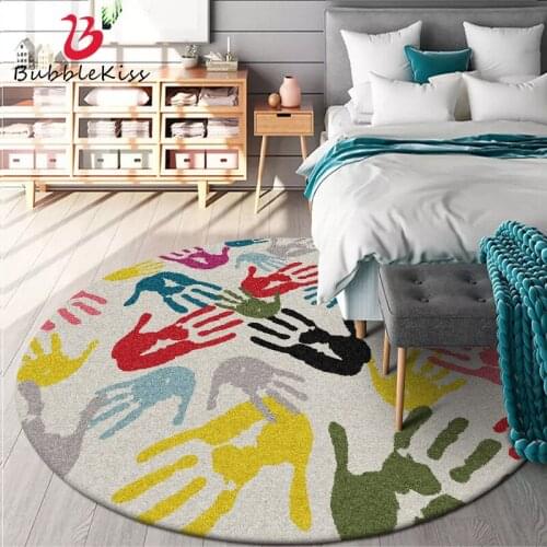 Bubble Kiss Round Living Room Carpet Cartoon Art Palm Print Pattern Rug Nordic Style Home Bedroom Decor Carpet Bedside Area Rug