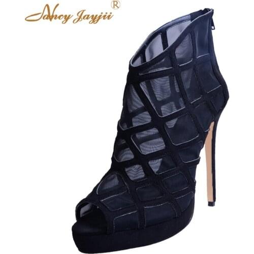 Summer Boots Platform Women Fashion Black Mesh shoes suede bootie with Mesh lining Plus size 5-14 Wedding&Party Nancyjayjii