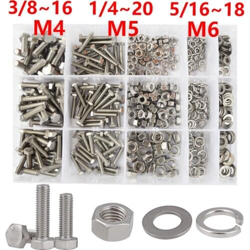 M4 M5 M6 Hex Flat Head Nut and Bolt Hex Flat Screw Spring Washer Assortment Kit DIN933 304 Stainless Steel 1/4-20 3/8-16 5/16-18