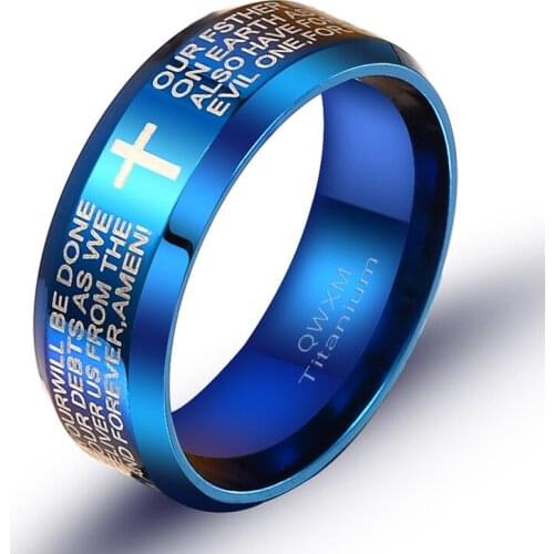 Yingwu 5pcs/lot Engraved Bible Cross Ring for Men Blue Stainless Steel Stylish Prayer Male Rings Jewelry Size 17-21mm