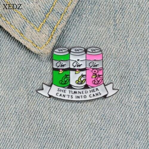 XEDZ New Cola Cans Green White Pink Ribbon Brooch Fashion She Turns Her Can'ts Into Cans Badge Jewelry Jeans Pendant Jewelry