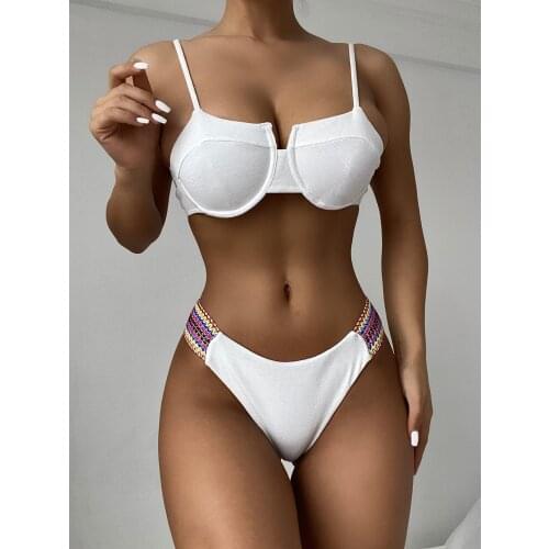 2021 New Fashion Ladies Solid Color Swimsuit Women Underwire Push Up Underwear Swimsuit Mid Waist Beach Swimwear Bathing Suits