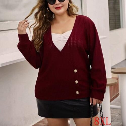 Autumn New Products Plus Size Womens Sweater 4XL-8XL Womens Plus Size Sexy V-neck Long Sleeve Button Simple Fashion Sweater