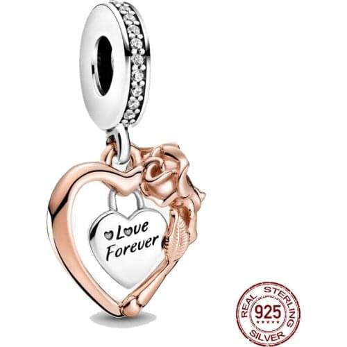 New 925 Sterling Silver Bead Heart & Rose Flower Dangle Charm DIY fine beads Fit Original Pandora Charms Bracelet Jewelry 2021
