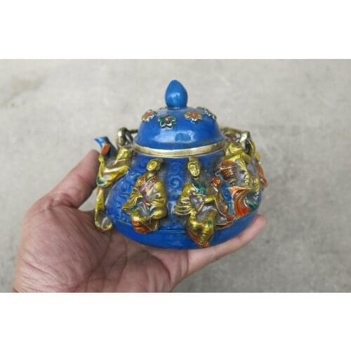Very rare Ming Dynasty (XuanDe1411--1435)Cloisonne Flagon/Teapot,Sculpture Eight Immortals,with mark,Free shipping