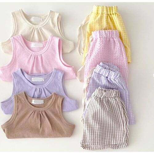 Pure Color Baby Boys Clothing Sets Cotton Vest + Plaid Shorts Toddler Girls Newborn Bodysuits 2021 New Summer Clothes Ins Suits