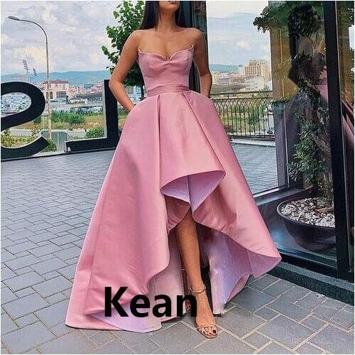 Pink Hi Low Evening Dress Strapless With Pocket Special Occasion robe soiree Islamic Dubai Kaftan Saudi Arabic Prom Dress