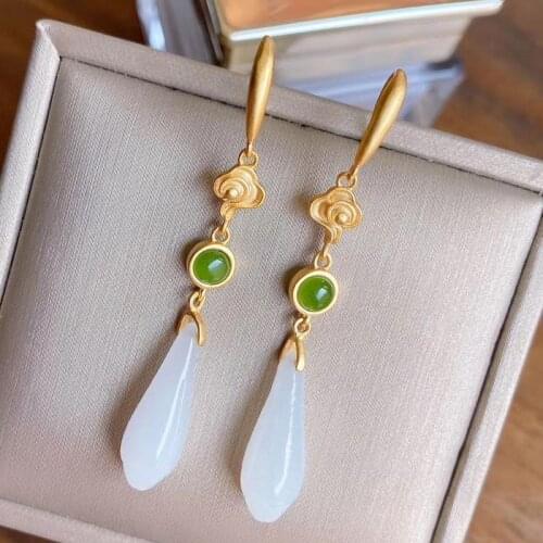 S925 Silver Inlaid Hetian White Jade Jasper Earrings Womens New Fashion Antique Sterling Silver Jade Earrings Eardrops Ear Hook
